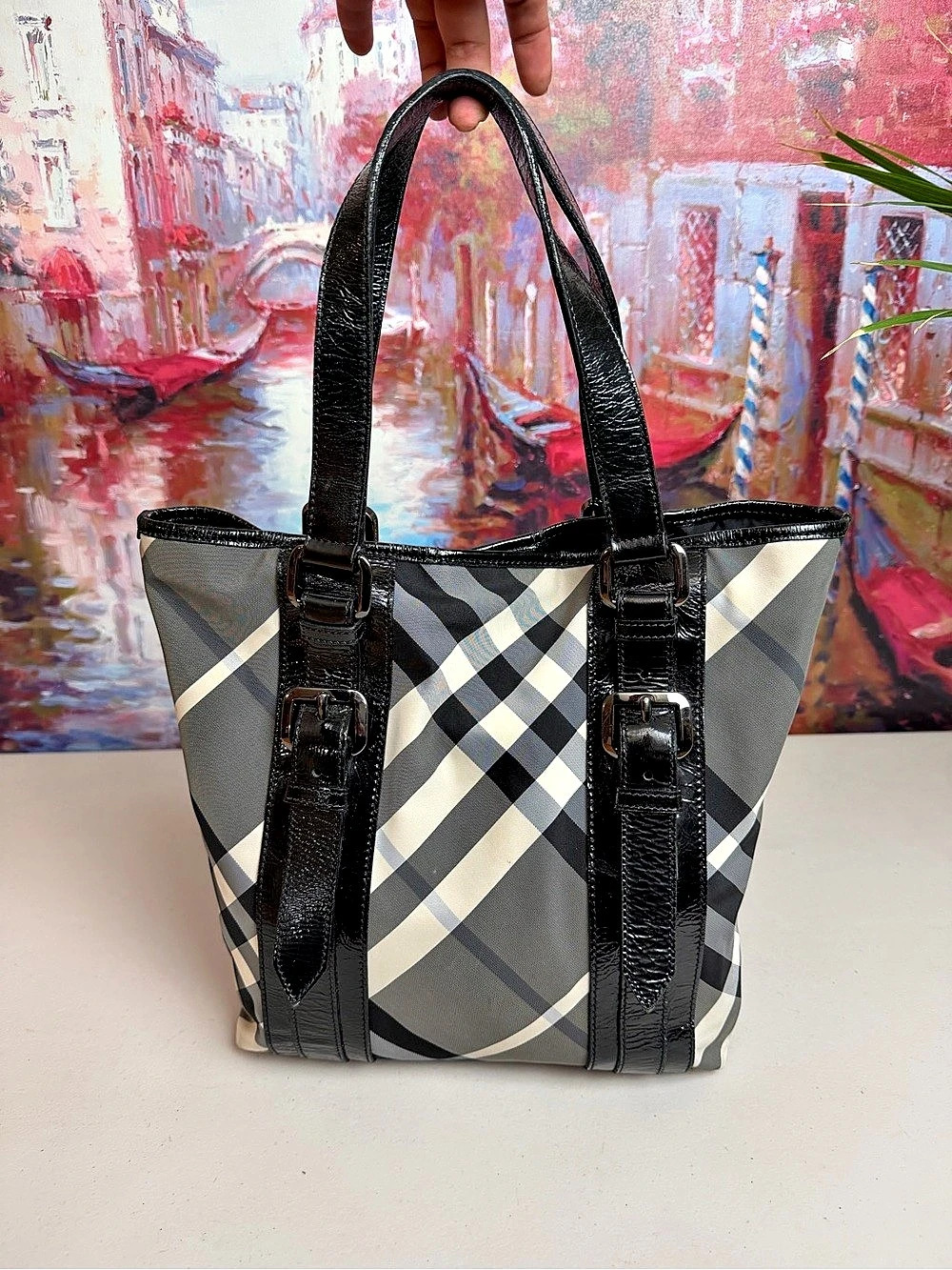 Burberry Beat Check Victoria Tote Black Patent Leather Y2K Bag